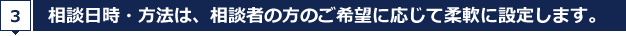 相談日時・方法は、相談者の方のご希望に応じて柔軟に設定します。