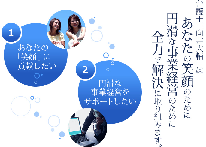 弁護士「向井大輔」はあなたの笑顔のために　円滑な事業経営のために全力で解決に取り組みます