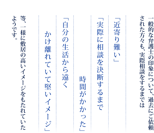 一般的な弁護士の印象について、過去にご依頼された方々も、実際相談をするまでは　「近寄り難い」　「実際に相談を決断するまで時間がかかった」　「自分の生活から遠くかけ離れていて堅いイメージ」　等、一様に敷居の高いイメージをもたれていたようです。