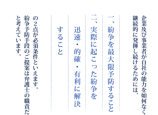 企業及び事業者が自社の能力を如何なく継続的に発揮し続けるためには、一、紛争を最大限予防すること　二、実際に起こった紛争を迅速・的確・有利に解決すること　の２点が必須条件といえます。
紛争予防手段のご提案は弁護士の職責だと考えています。