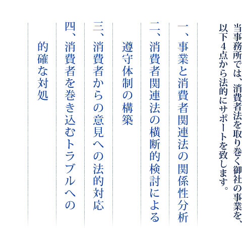 当事務所では、消費者法を取り巻く御社の事業を、以下4点から法的にサポートを致します。 一、事業と消費者関連法の関係性分析　二、消費者関連法の横断的検討による遵守体制の構築　三、消費者からの意見への法的対応　四、消費者を巻き込むトラブルへの的確な対処