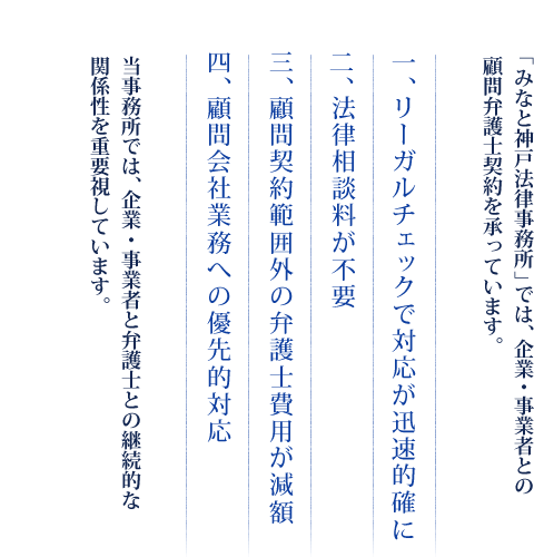 「みなと神戸法律事務所」では、企業・事業者との顧問弁護士契約を承っています。　一、リーガルチェックで対応が迅速的確に　二、法律相談料が不要　三、顧問契約範囲外の弁護士費用が減額　四、顧問会社業務への優先的対応　当事務所では、企業・事業者と弁護士との継続的な関係性を重要視しています。