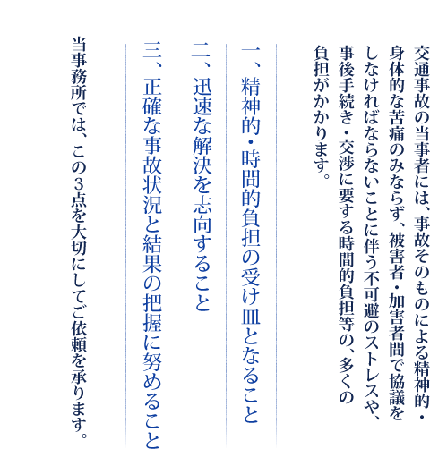 交通事故の当事者には、事故そのものによる精神的・身体的な苦痛のみならず、被害者・加害者間で協議をしなければならないことに伴う不可避のストレスや、事後手続き・交渉に要する時間的負担等の、多くの負担がかかります。　一、精神的・時間的負担の受け皿となること　二、迅速な解決を志向すること　三、正確な事故状況と結果の把握に努めること　当事務所では、この３点を大切にしてご依頼を承ります。