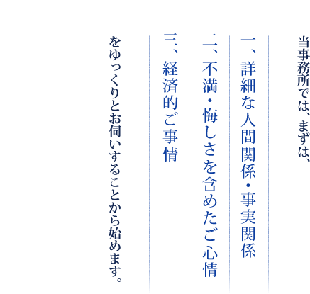 当事務所では以下の3点を大切にし、ゆっくりとお話しをお伺いすることから始めます。　一、詳細な人間関係・事実関係　二、不満・悔しさを含めた言い分　三、経済的ご事情